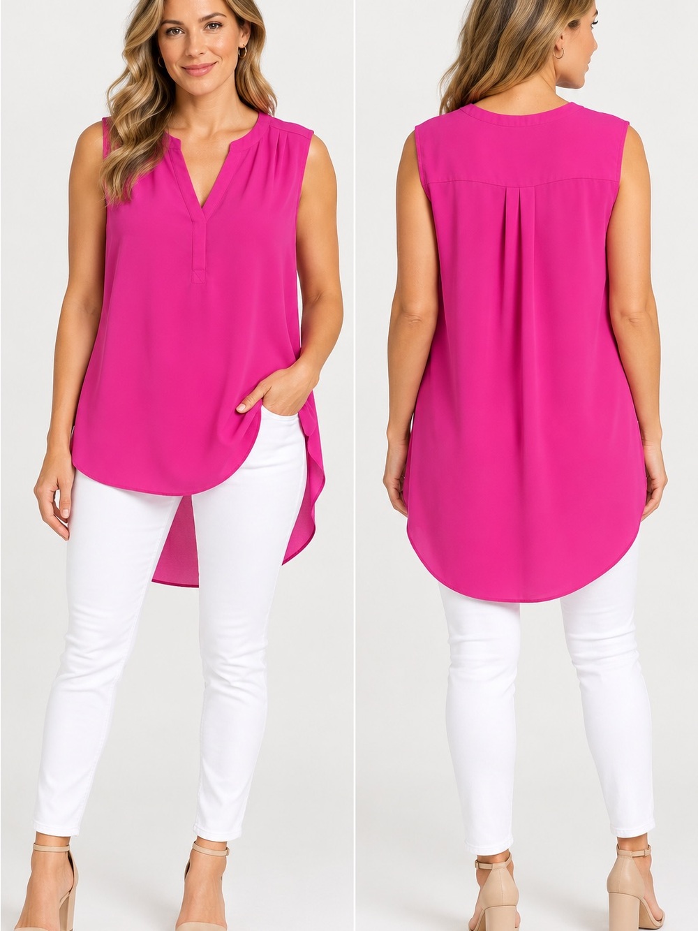 Gibson Sleeveless V-Neck Hi-Low Tunic - Hot Pink